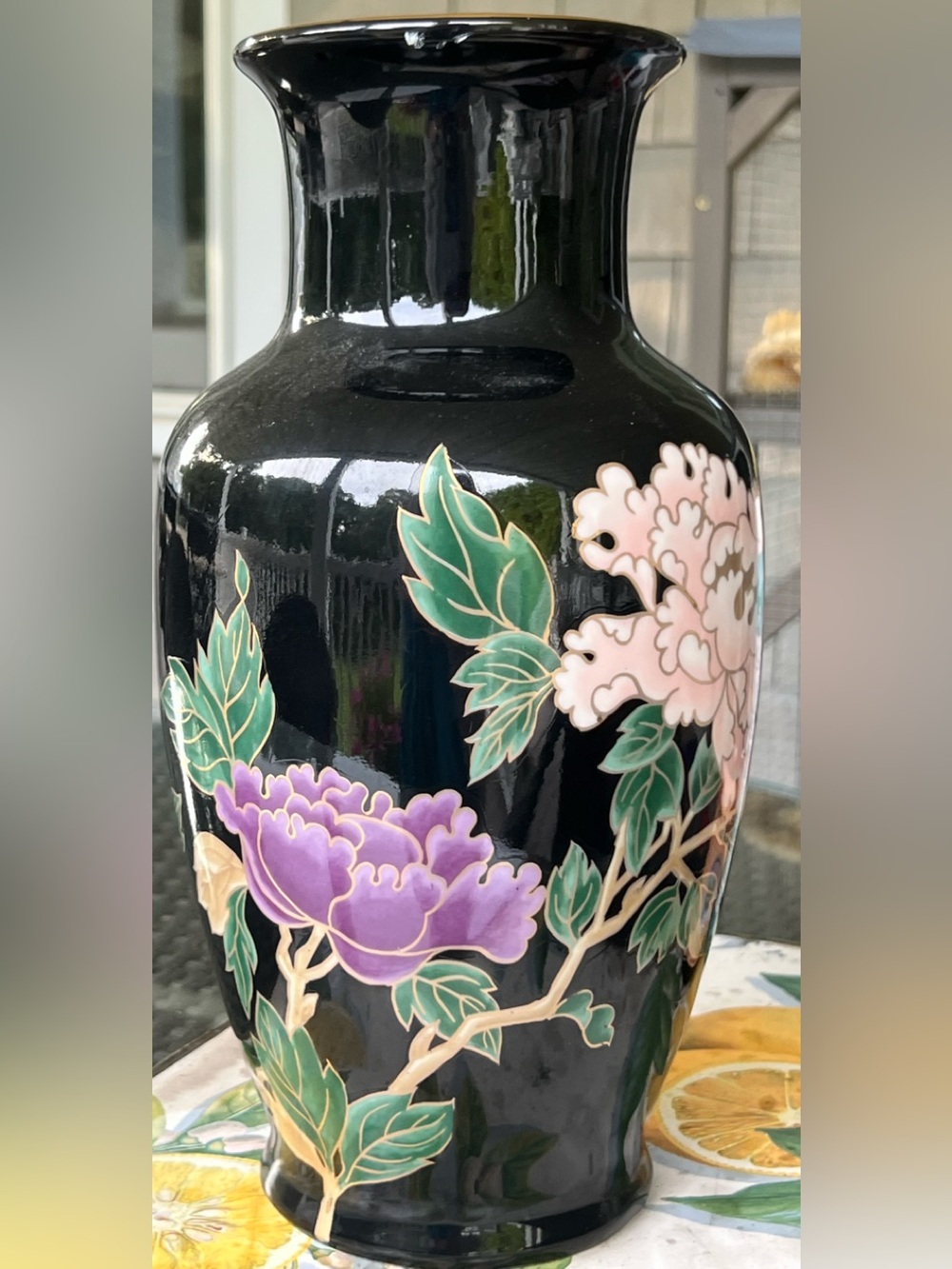 FITZ & FLOYD Cloisonne Peony Porcelain Vase Gilded Rim